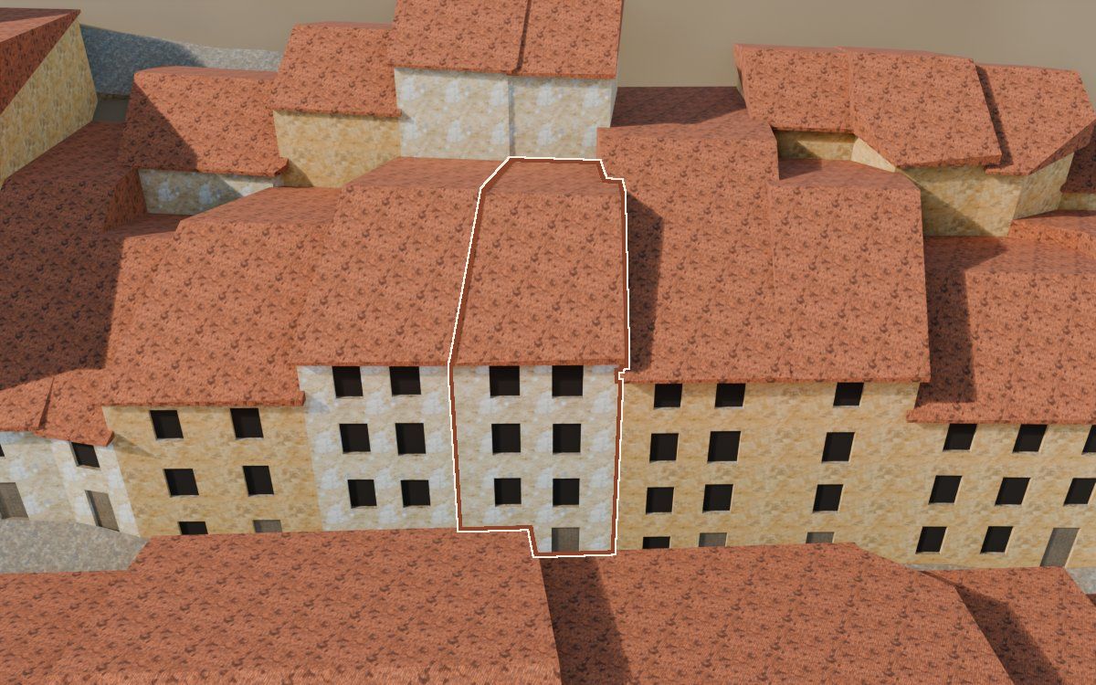 Manzana 43, n.º 11 a la reconstrucció 3D, vista des del seu carrer, amb el contorn marcat de color teula entre les cases del voltant