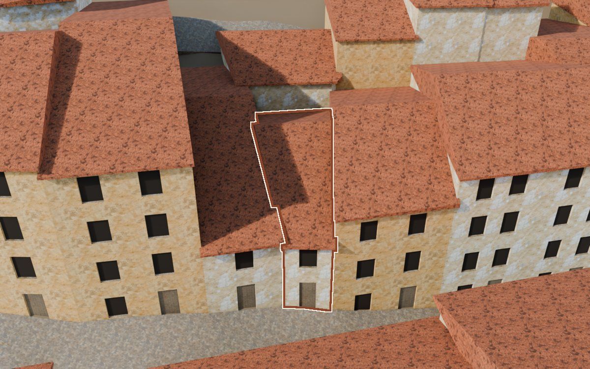 Manzana 43, n.º 8 a la reconstrucció 3D, vista des del seu carrer, amb el contorn marcat de color teula entre les cases del voltant