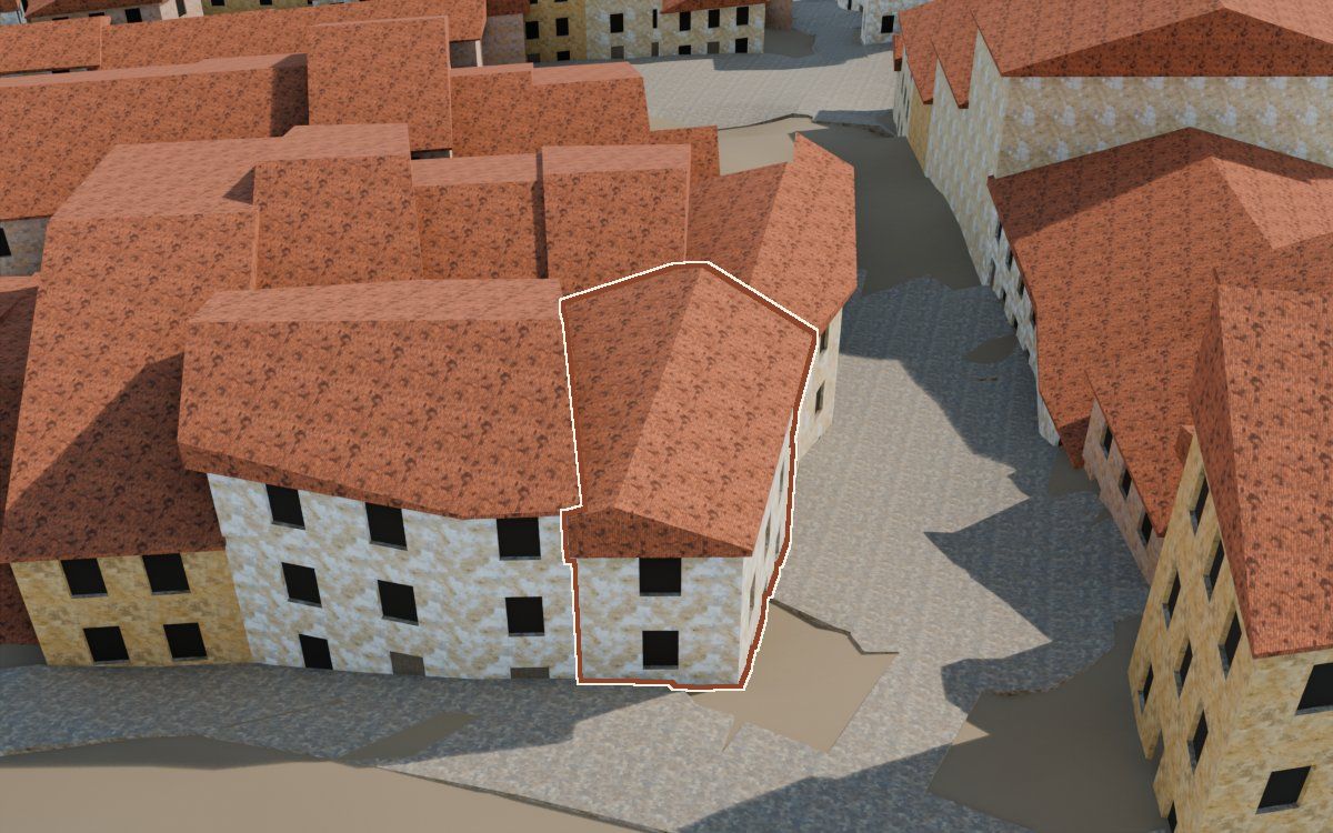 Manzana 43, n.º 27 a la reconstrucció 3D, vista des del seu carrer, amb el contorn marcat de color teula entre les cases del voltant