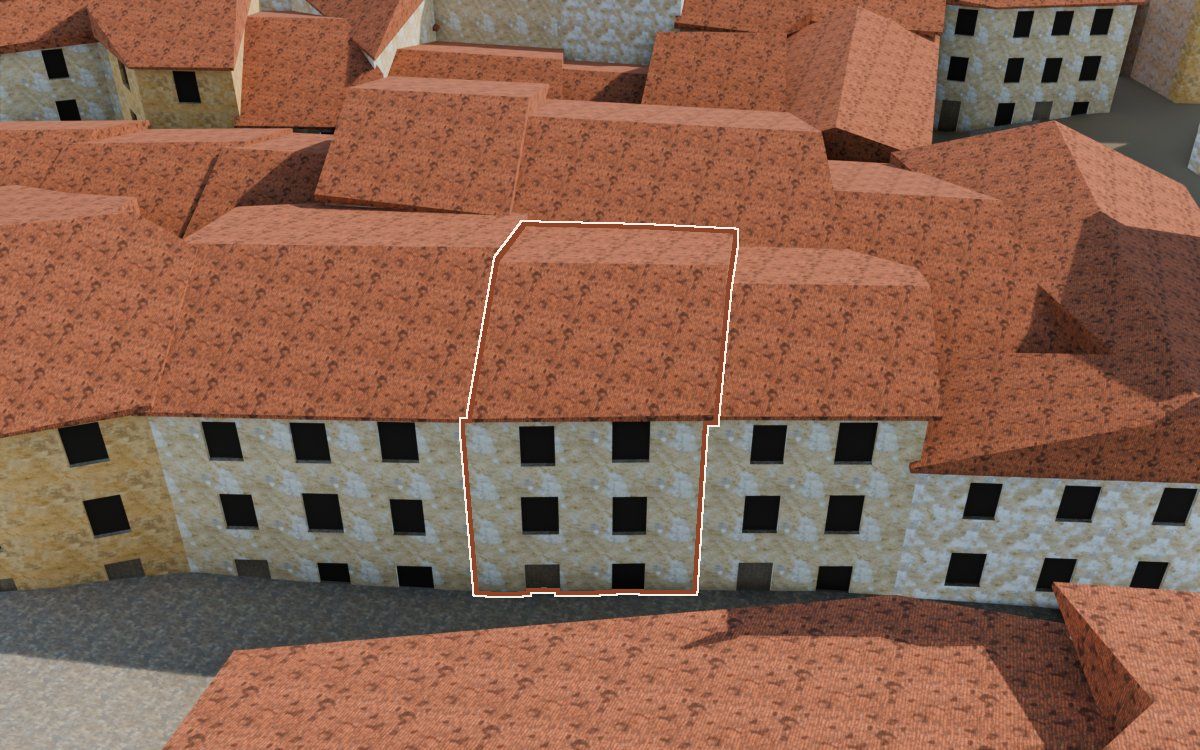 Manzana 23, n.º 7 a la reconstrucció 3D, vista des del seu carrer, amb el contorn marcat de color teula entre les cases del voltant
