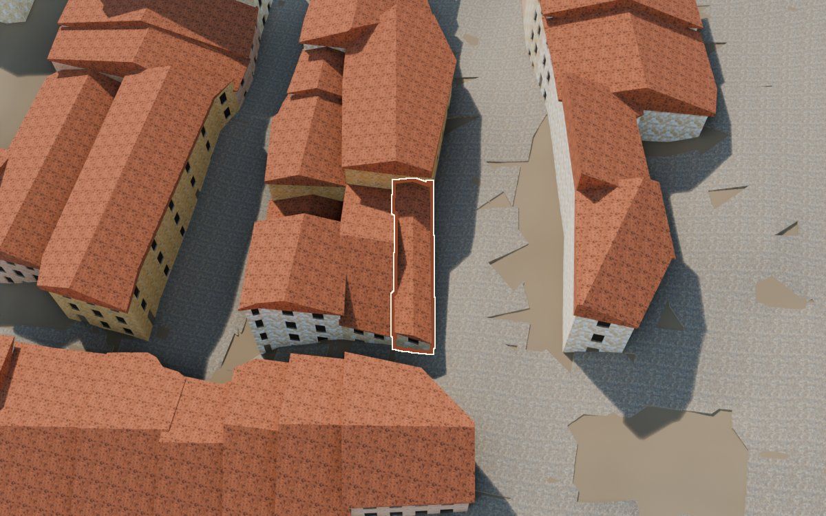Manzana 44, n.º 9 a la reconstrucció 3D, vista des del costat on millor es veu, amb el contorn marcat de color teula entre les cases del voltant