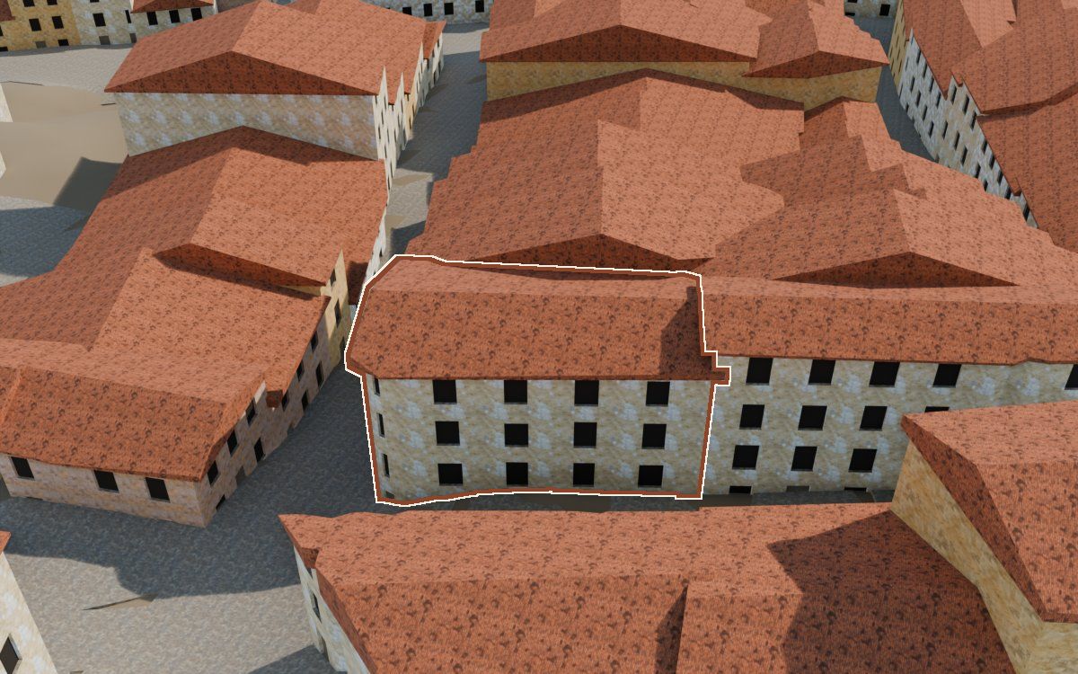 Manzana 28, n.º 34 a la reconstrucció 3D, vista des del seu carrer, amb el contorn marcat de color teula entre les cases del voltant