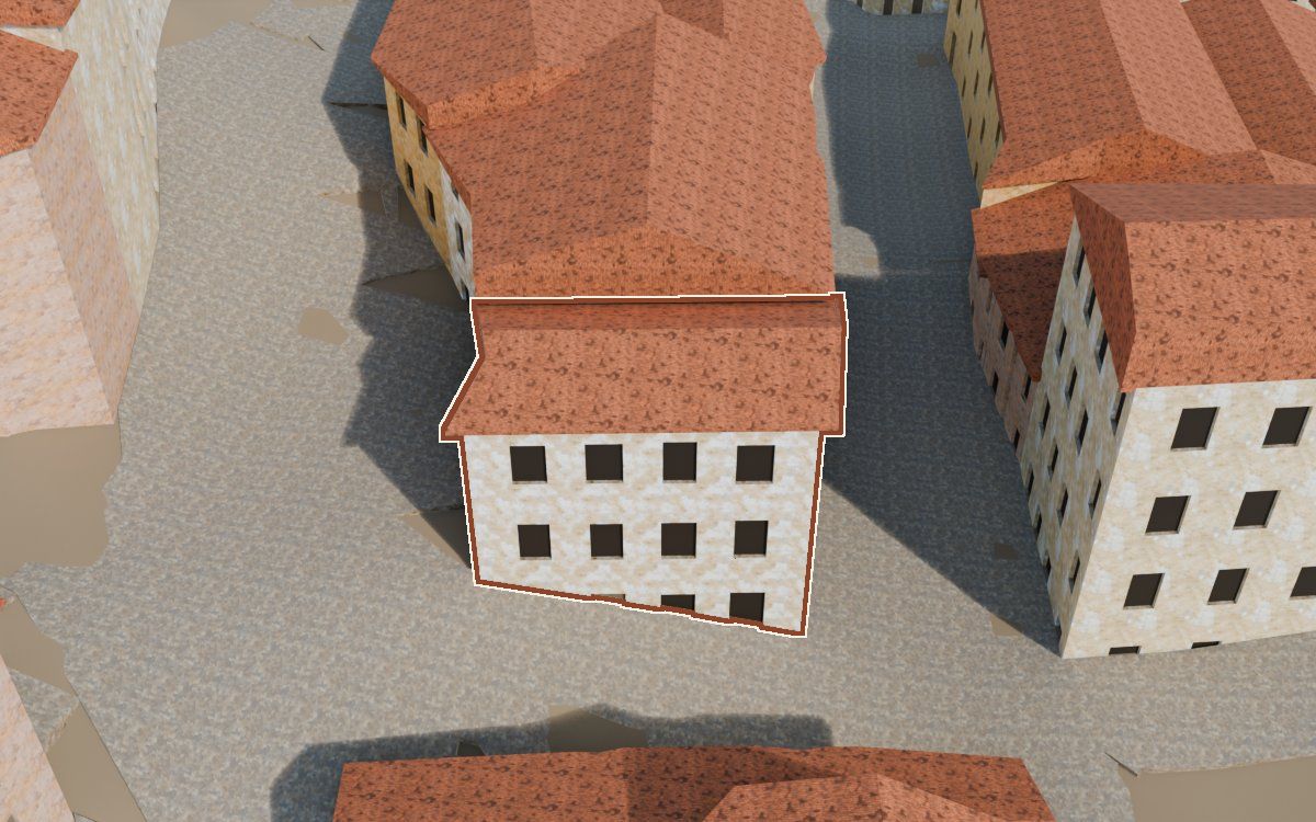 Manzana 44, n.º 1 a la reconstrucció 3D, vista des del seu carrer, amb el contorn marcat de color teula entre les cases del voltant
