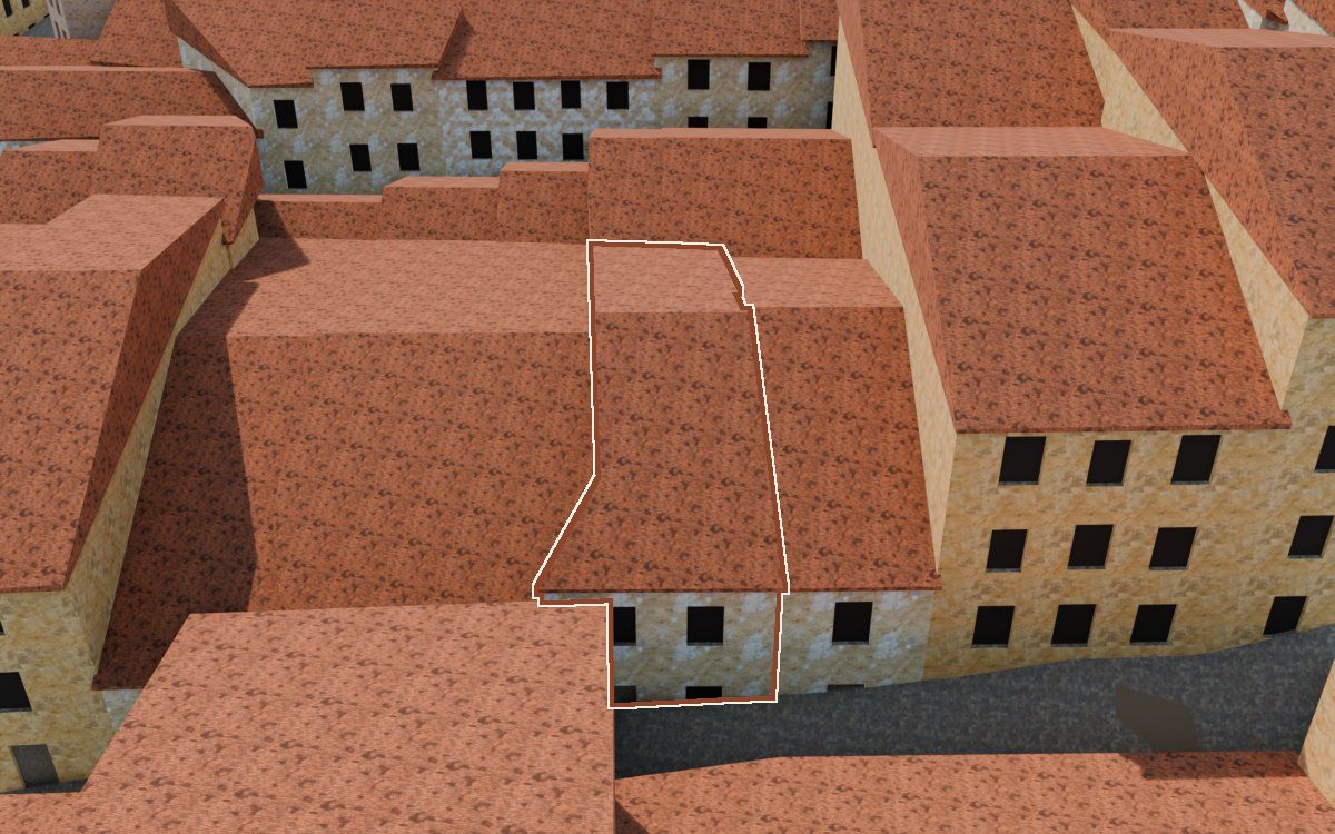 Manzana 28, n.º 28 a la reconstrucció 3D, vista des del seu carrer, amb el contorn marcat de color teula entre les cases del voltant