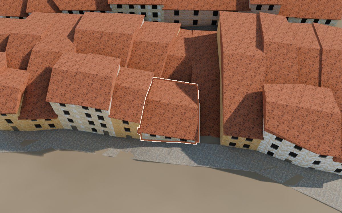 Manzana 43, n.º 25 a la reconstrucció 3D, vista des del costat on millor es veu, amb el contorn marcat de color teula entre les cases del voltant