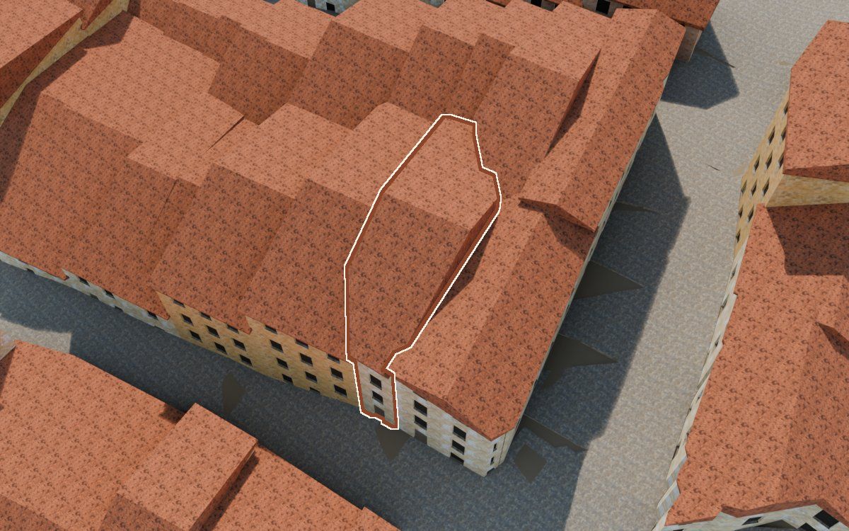Manzana 28, n.º 32 a la reconstrucció 3D, vista des del costat on millor es veu, amb el contorn marcat de color teula entre les cases del voltant