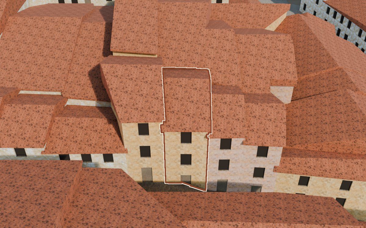 Manzana 28, n.º 12 a la reconstrucció 3D, vista des del seu carrer, amb el contorn marcat de color teula entre les cases del voltant