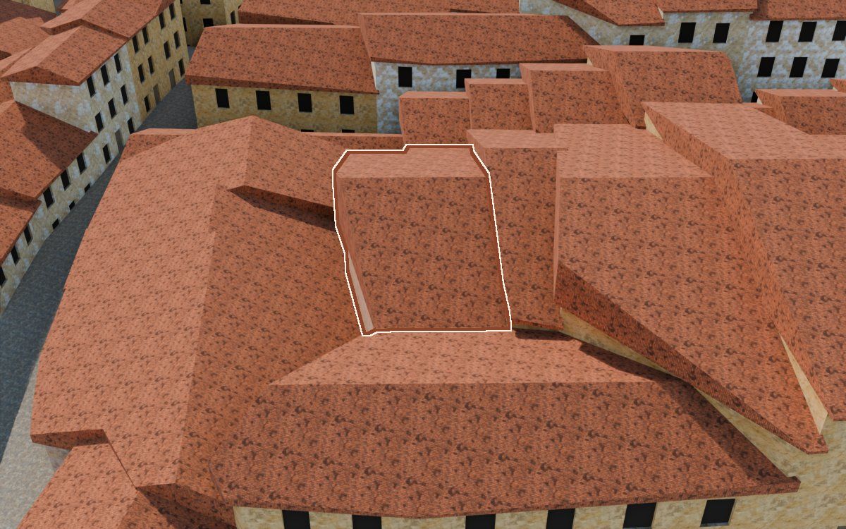 Manzana 28, n.º 22 y 21 a la reconstrucció 3D, vista des del seu carrer, amb el contorn marcat de color teula entre les cases del voltant