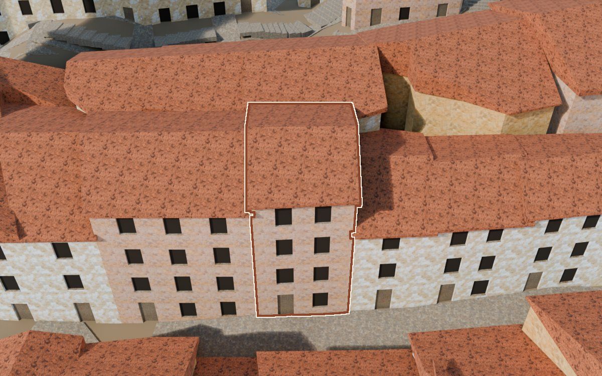 Manzana 23, n.º 19 a la reconstrucció 3D, vista des del costat on millor es veu, amb el contorn marcat de color teula entre les cases del voltant