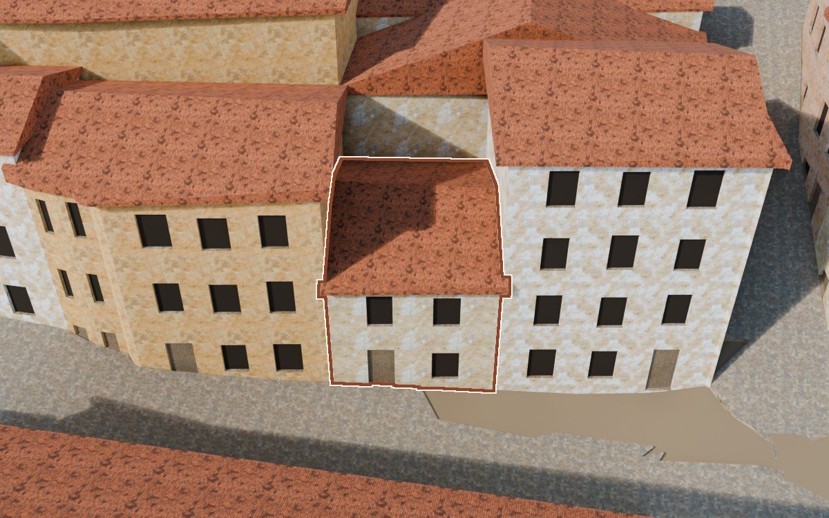 Manzana 44, n.º 6 a la reconstrucció 3D, vista des del seu carrer, amb el contorn marcat de color teula entre les cases del voltant