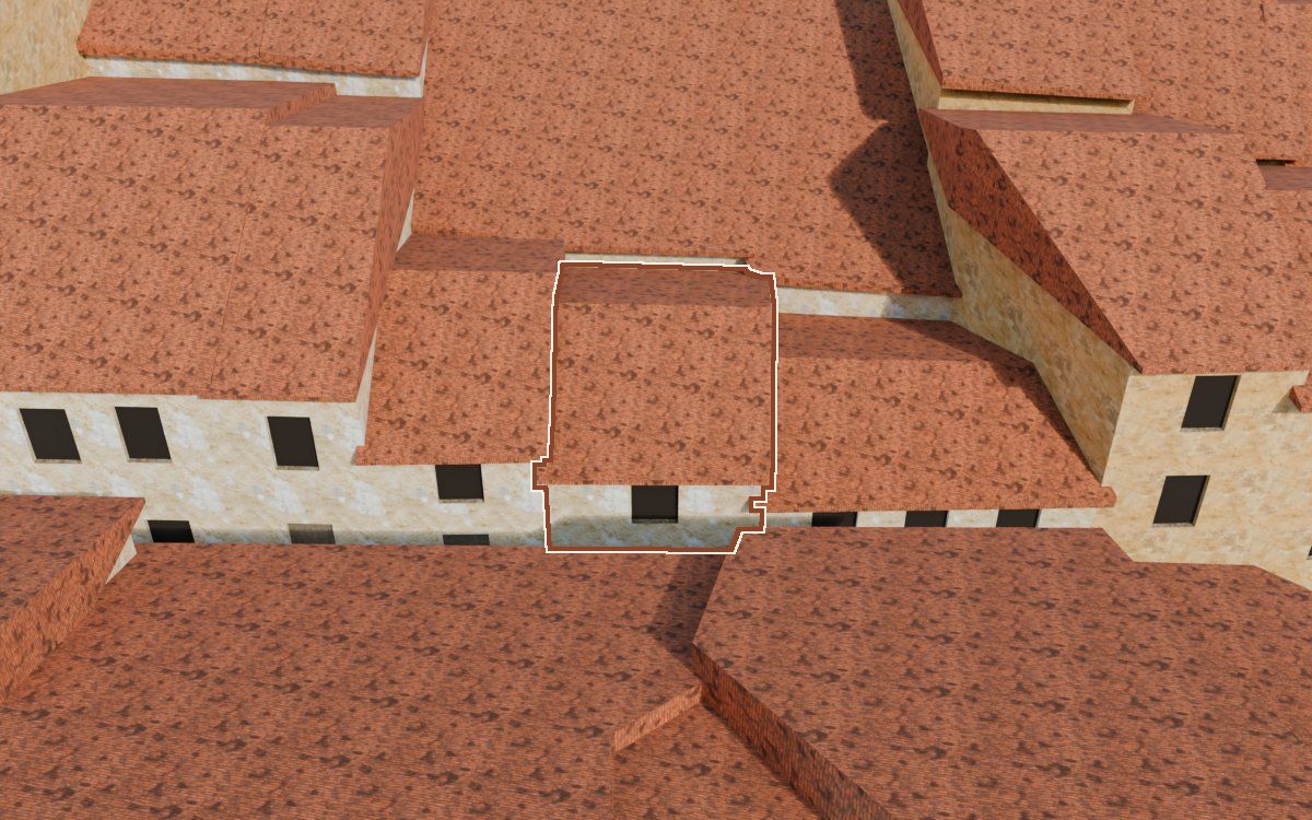 Manzana 28, n.º 8 a la reconstrucció 3D, vista des del seu carrer, amb el contorn marcat de color teula entre les cases del voltant