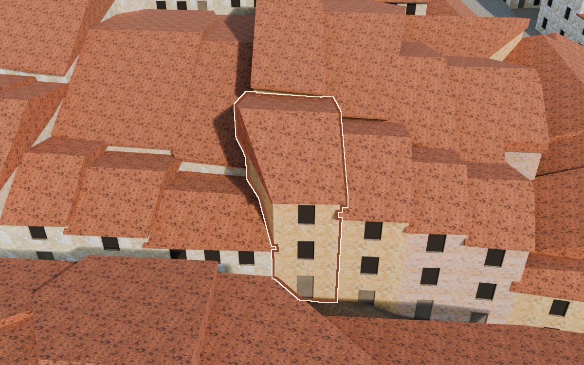 Manzana 28, n.º 11 a la reconstrucció 3D, vista des del seu carrer, amb el contorn marcat de color teula entre les cases del voltant