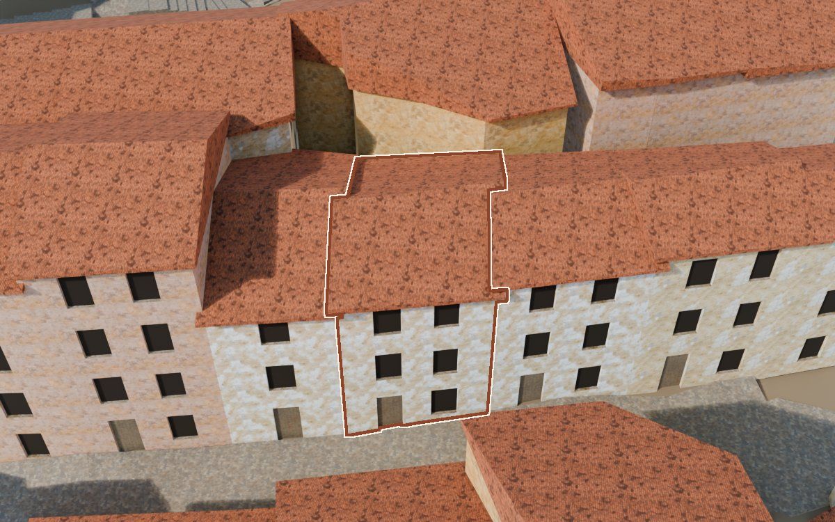 Manzana 23, n.º 17 a la reconstrucció 3D, vista des del costat on millor es veu, amb el contorn marcat de color teula entre les cases del voltant