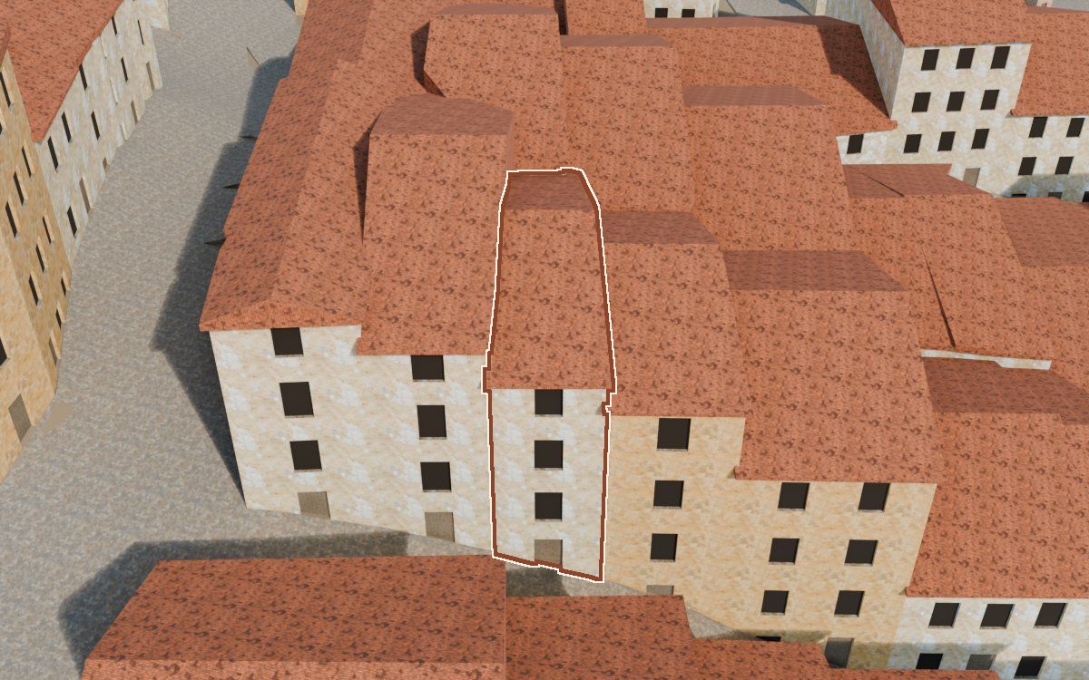 Manzana 28, n.º 3 a la reconstrucció 3D, vista des del seu carrer, amb el contorn marcat de color teula entre les cases del voltant