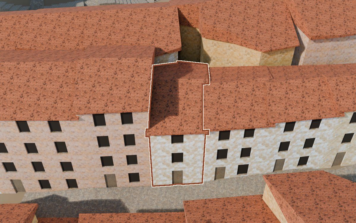 Manzana 23, n.º 18 a la reconstrucció 3D, vista des del costat on millor es veu, amb el contorn marcat de color teula entre les cases del voltant