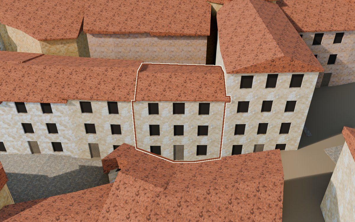 Casa del Carrer Major a la reconstrucció 3D, vista des del seu carrer, amb el contorn marcat de color teula entre les cases del voltant