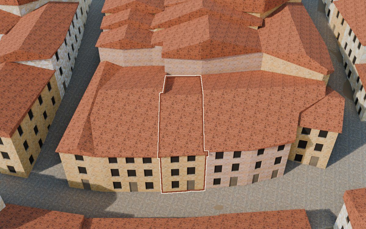 Manzana 28, n.º 18 a la reconstrucció 3D, vista des del costat on millor es veu, amb el contorn marcat de color teula entre les cases del voltant