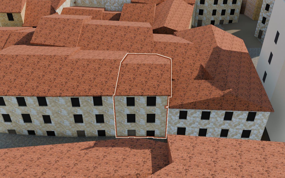Manzana 23, n.º 6 a la reconstrucció 3D, vista des del seu carrer, amb el contorn marcat de color teula entre les cases del voltant