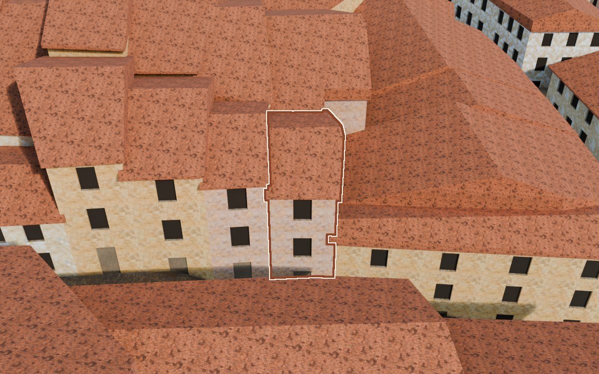 Casa del Carrer Magdalena a la reconstrucció 3D, vista des del seu carrer, amb el contorn marcat de color teula entre les cases del voltant