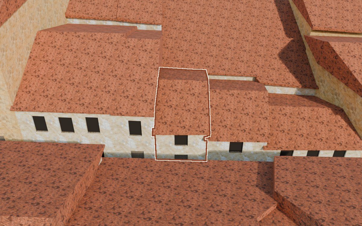 Manzana 28, n.º 7 a la reconstrucció 3D, vista des del seu carrer, amb el contorn marcat de color teula entre les cases del voltant