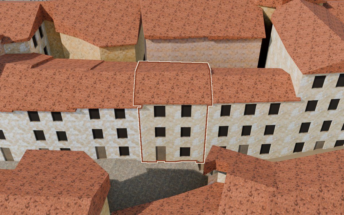 Manzana 23, n.º 15 a la reconstrucció 3D, vista des del seu carrer, amb el contorn marcat de color teula entre les cases del voltant