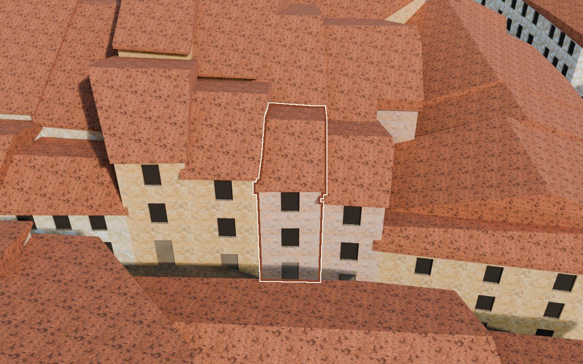 Casa del Carrer Magdalena a la reconstrucció 3D, vista des del seu carrer, amb el contorn marcat de color teula entre les cases del voltant