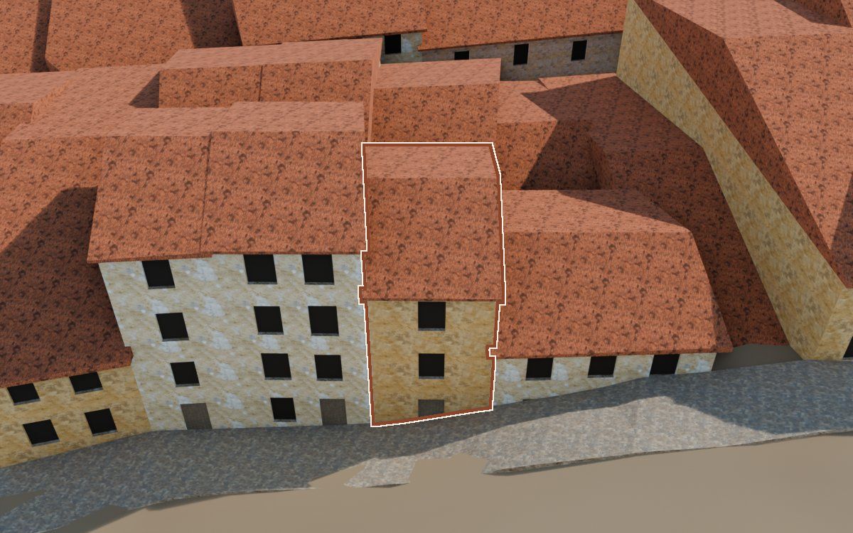 Manzana 43, n.º 24 a la reconstrucció 3D, vista des del costat on millor es veu, amb el contorn marcat de color teula entre les cases del voltant