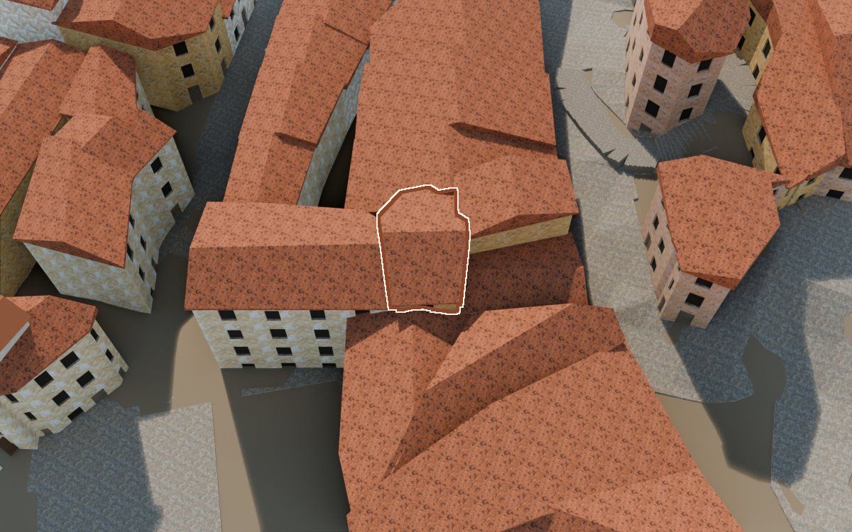 Manzana 23, n.º 12 a la reconstrucció 3D, vista des del costat on millor es veu, amb el contorn marcat de color teula entre les cases del voltant