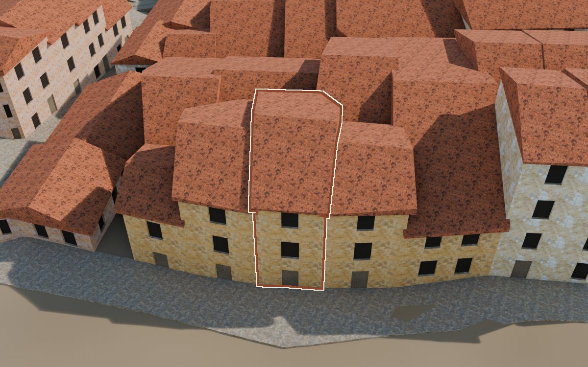Casa del Carrer de les Creus a la reconstrucció 3D, vista des del costat on millor es veu, amb el contorn marcat de color teula entre les cases del voltant