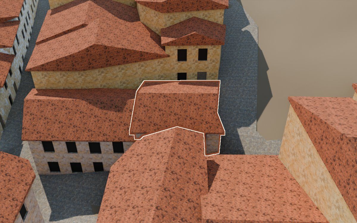 Manzana 43, n.º 18 a la reconstrucció 3D, vista des del seu carrer, amb el contorn marcat de color teula entre les cases del voltant