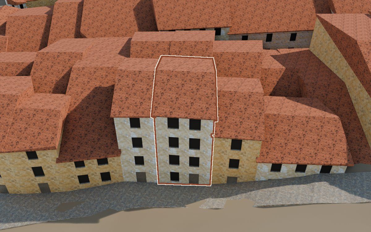 Manzana 43, n.º 23 a la reconstrucció 3D, vista des del costat on millor es veu, amb el contorn marcat de color teula entre les cases del voltant
