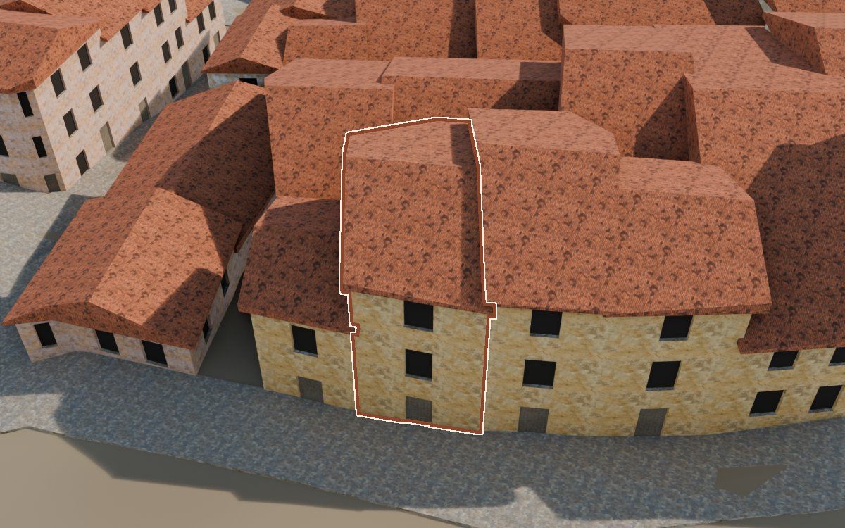 Manzana 43, n.º 20 a la reconstrucció 3D, vista des del costat on millor es veu, amb el contorn marcat de color teula entre les cases del voltant