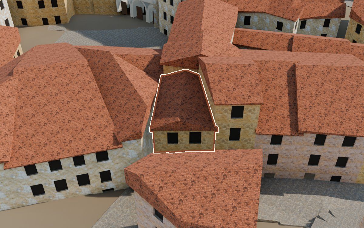 Manzana 23, n.º 11 a la reconstrucció 3D, vista des del seu carrer, amb el contorn marcat de color teula entre les cases del voltant