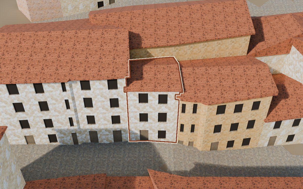 Manzana 44, n.º 4 a la reconstrucció 3D, vista des del seu carrer, amb el contorn marcat de color teula entre les cases del voltant