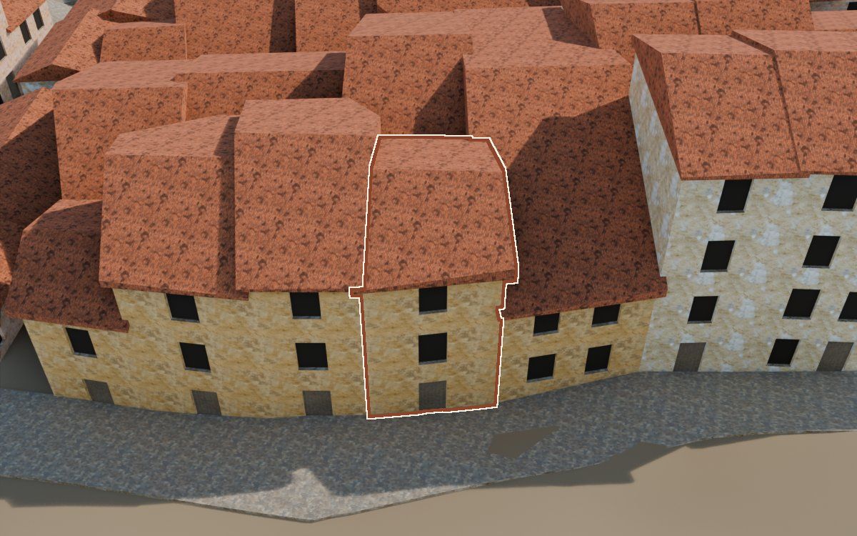 Manzana 43, n.º 21 a la reconstrucció 3D, vista des del costat on millor es veu, amb el contorn marcat de color teula entre les cases del voltant