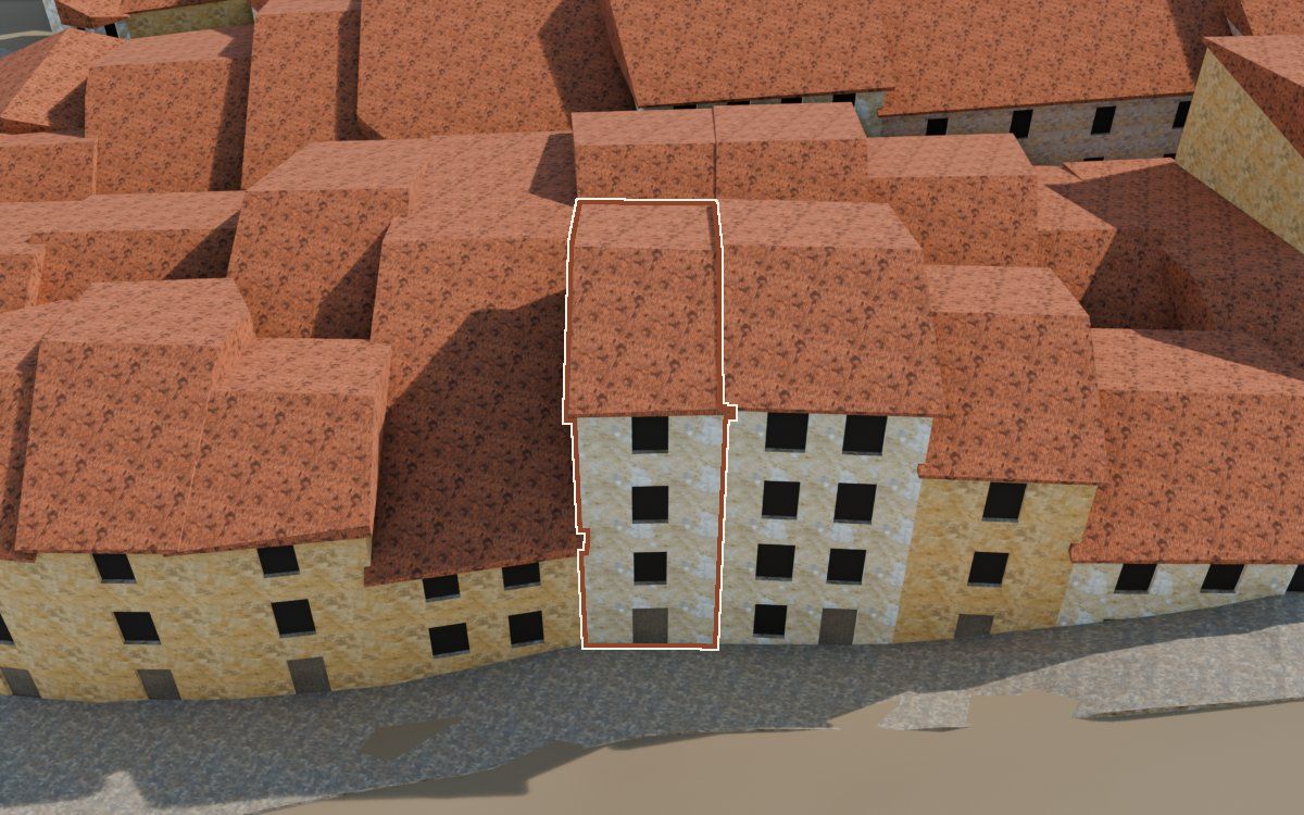 Manzana 43, n.º 22 a la reconstrucció 3D, vista des del costat on millor es veu, amb el contorn marcat de color teula entre les cases del voltant