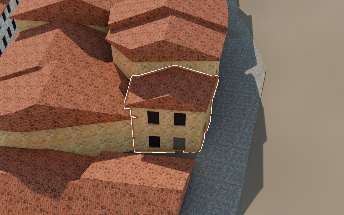 Manzana 43, n.º 19 a la reconstrucció 3D, vista des del costat on millor es veu, amb el contorn marcat de color teula entre les cases del voltant