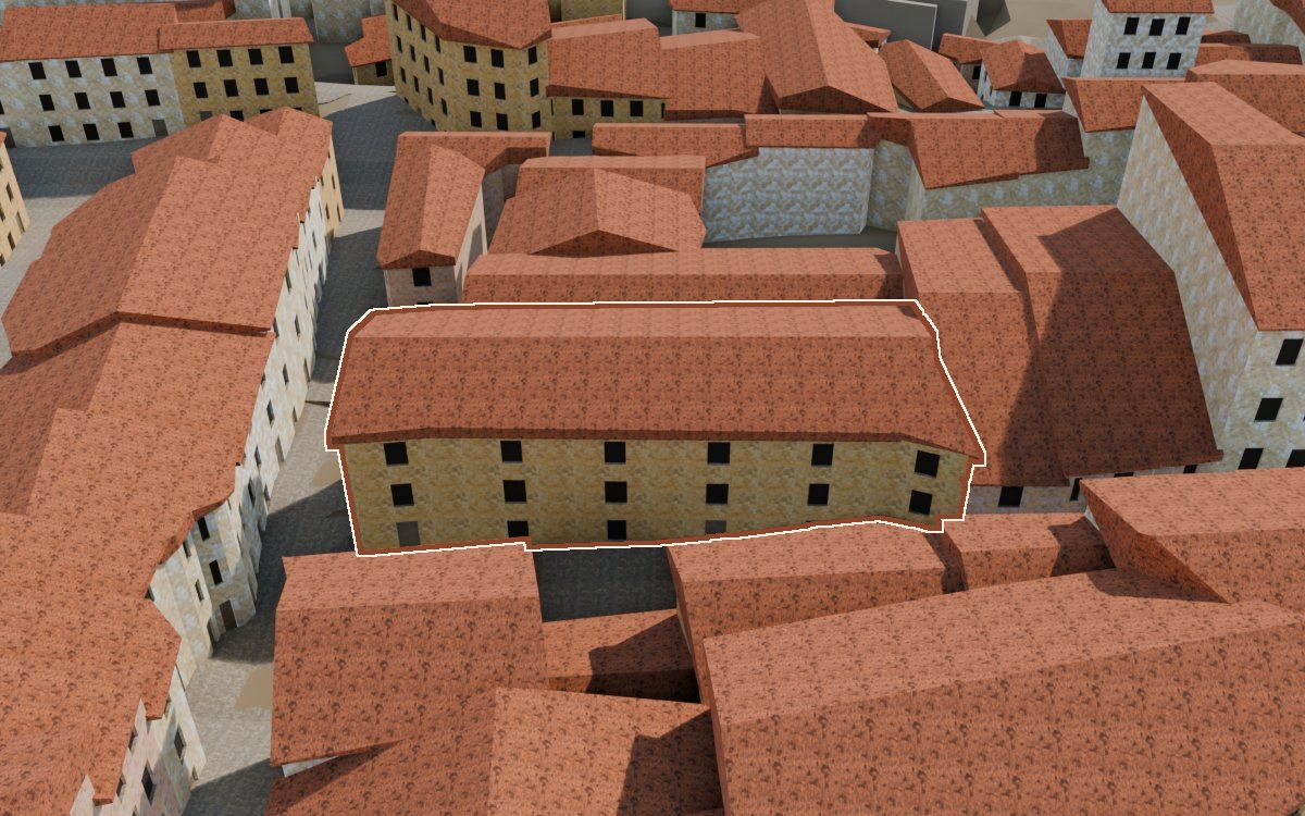 Manzana 26, n.º 7 y 8 a la reconstrucció 3D, vista des del seu carrer, amb el contorn marcat de color teula entre les cases del voltant