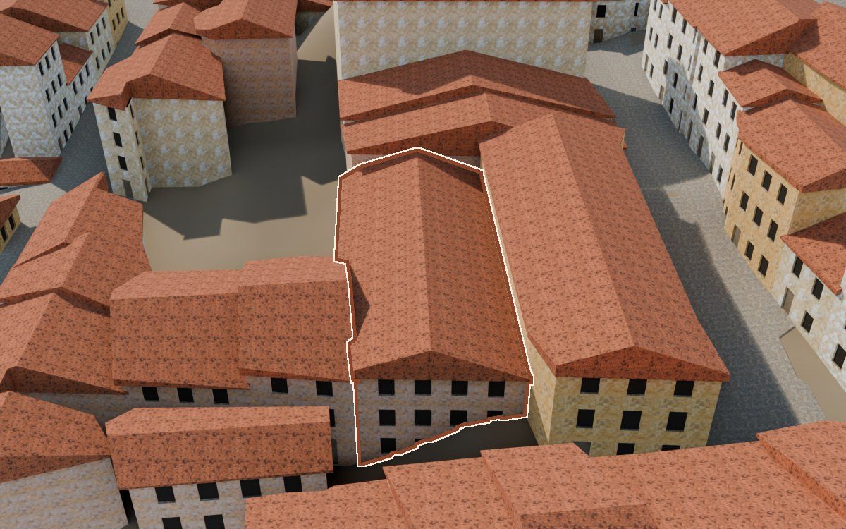 Manzana 26, n.º 6 a la reconstrucció 3D, vista des del seu carrer, amb el contorn marcat de color teula entre les cases del voltant