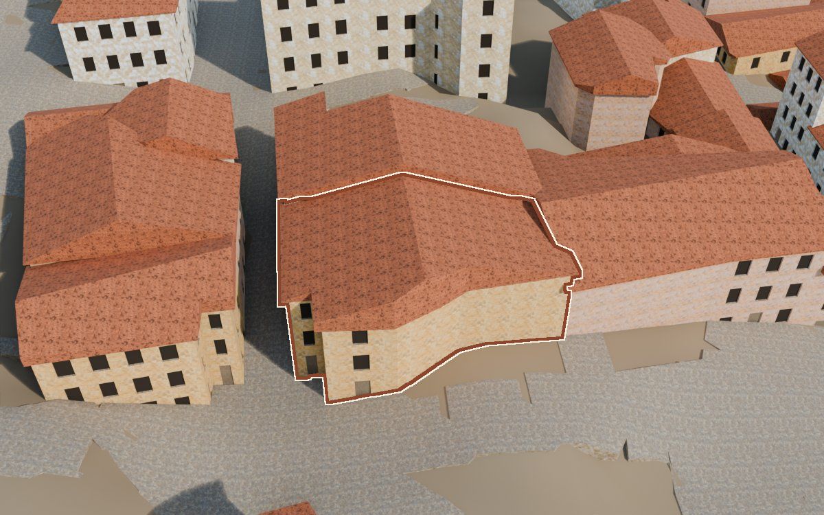 Manzana 26, n.º 19 a la reconstrucció 3D, vista des del costat on millor es veu, amb el contorn marcat de color teula entre les cases del voltant