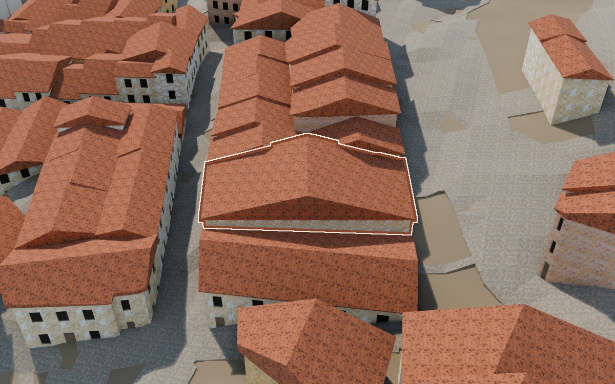 Manzana 53, n.º 1 a la reconstrucció 3D, vista des del seu carrer, amb el contorn marcat de color teula entre les cases del voltant