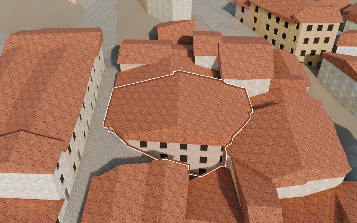 Manzana 33, n.º 10 y 11 a la reconstrucció 3D, vista des del costat on millor es veu, amb el contorn marcat de color teula entre les cases del voltant