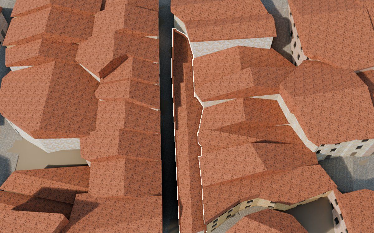Manzana 33, n.º 18 a la reconstrucció 3D, vista des del costat on millor es veu, amb el contorn marcat de color teula entre les cases del voltant