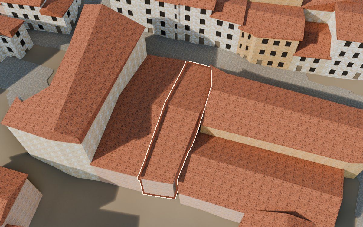 Manzana 26, n.º 12 a la reconstrucció 3D, vista des del costat on millor es veu, amb el contorn marcat de color teula entre les cases del voltant