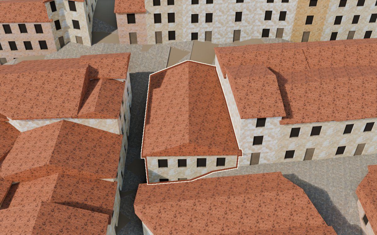 Manzana 40, n.º 12 a la reconstrucció 3D, vista des del costat on millor es veu, amb el contorn marcat de color teula entre les cases del voltant