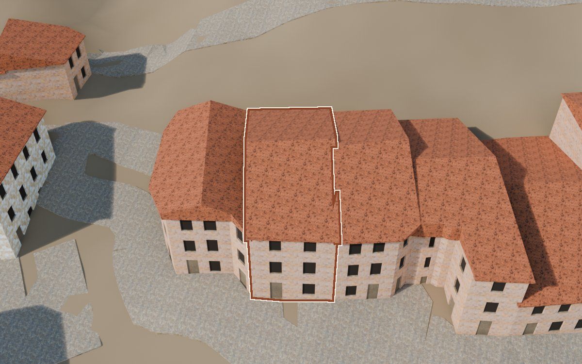 Manzana 61, n.º 2 a la reconstrucció 3D, vista des del costat on millor es veu, amb el contorn marcat de color teula entre les cases del voltant
