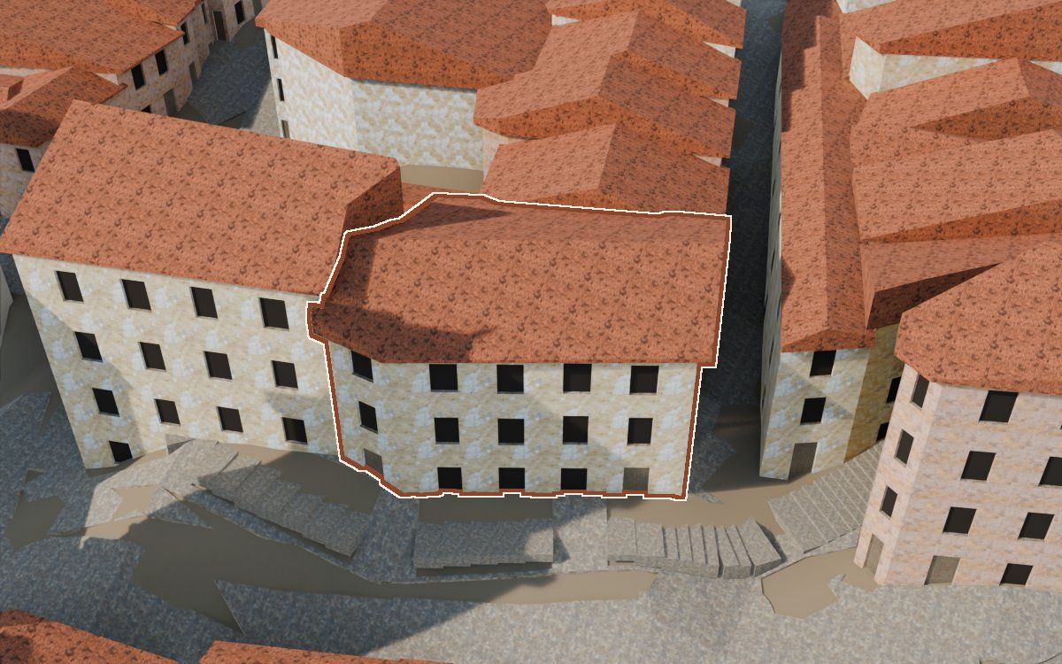 Manzana 32, n.º 29 y 32 a la reconstrucció 3D, vista des del seu carrer, amb el contorn marcat de color teula entre les cases del voltant