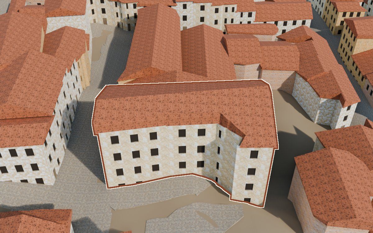 Manzana 26, n.º 14 a la reconstrucció 3D, vista des del seu carrer, amb el contorn marcat de color teula entre les cases del voltant