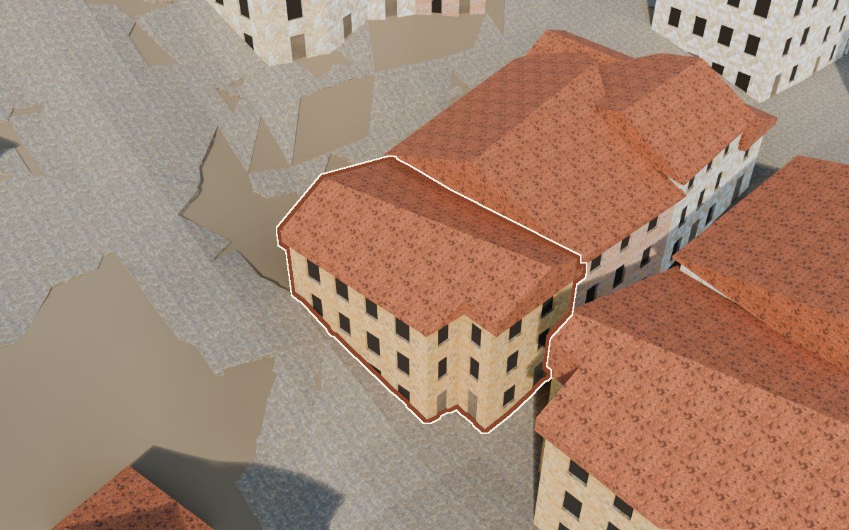 Manzana 45, n.º 1 a la reconstrucció 3D, vista des del costat on millor es veu, amb el contorn marcat de color teula entre les cases del voltant