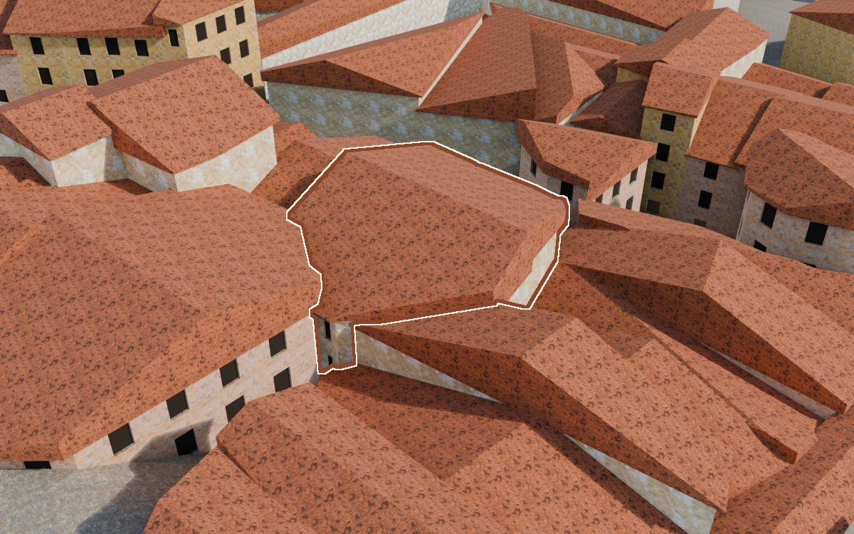 Manzana 33, n.º 23 y 22 a la reconstrucció 3D, vista des del seu carrer, amb el contorn marcat de color teula entre les cases del voltant